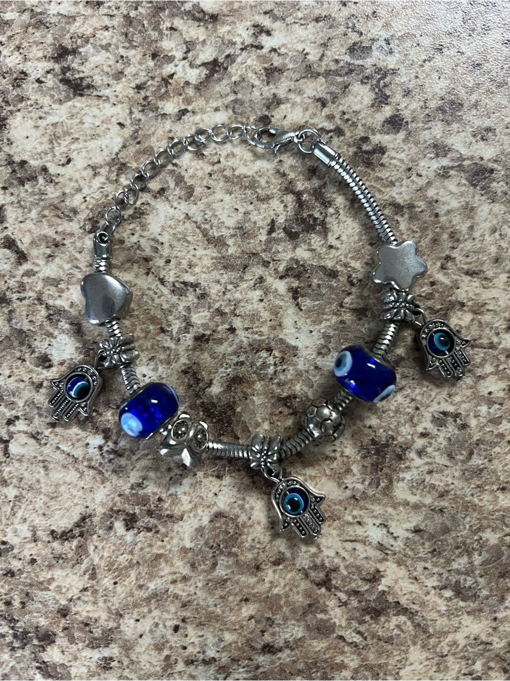 Silver Hamsa & Blue Glass Bead Bracelet